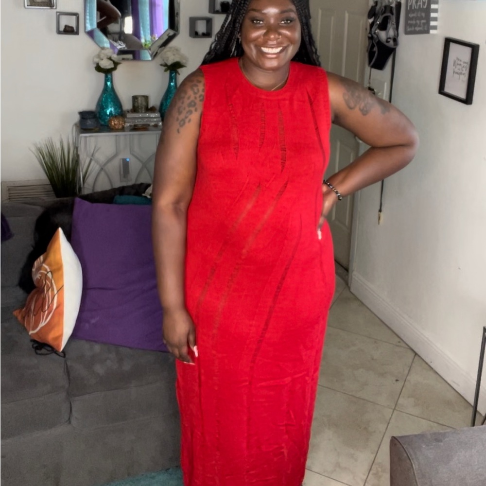 Red sleeveless sweater dress